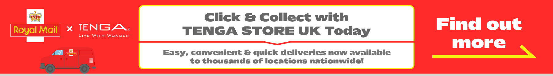 Promotional banner for Click & Collect with TENGA STORE UK, featuring a red delivery van and text on a red background.
