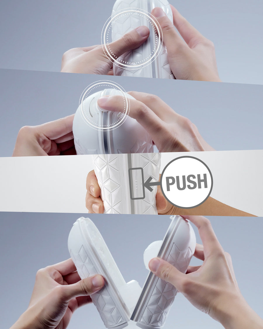 Pressing the Button Lock Mechanism to open the TENGA FLEXY.