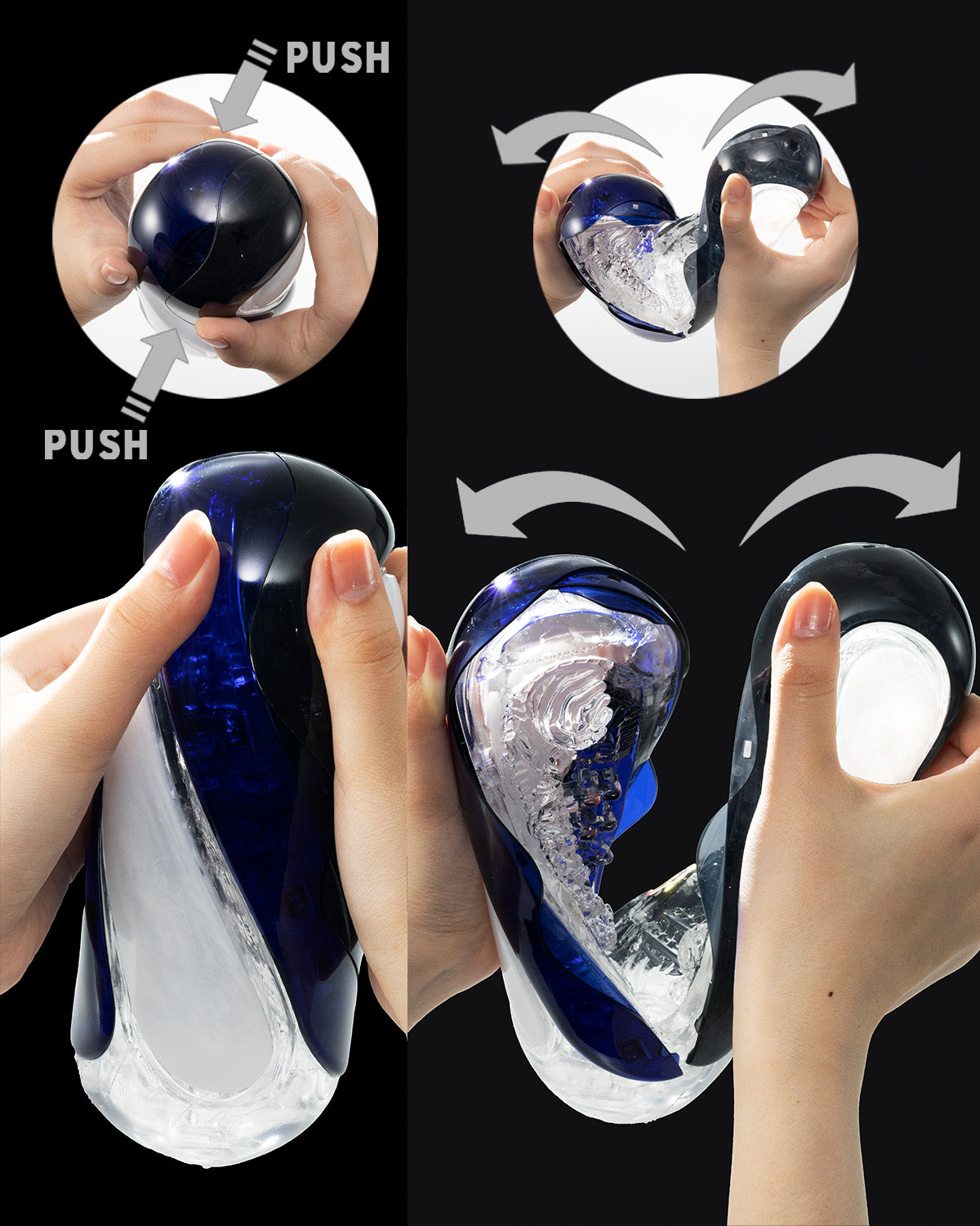 A pair of hands applying pressure to two points on the top before sliding the TENGA FLIP 360 open.